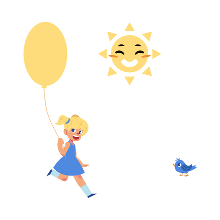 Flat vector little girl walking or running with big colored air balloon in blue dress, smiling sun face, blue sparrow bird. Happy female character kids celebration party invitation card design.のイラスト素材