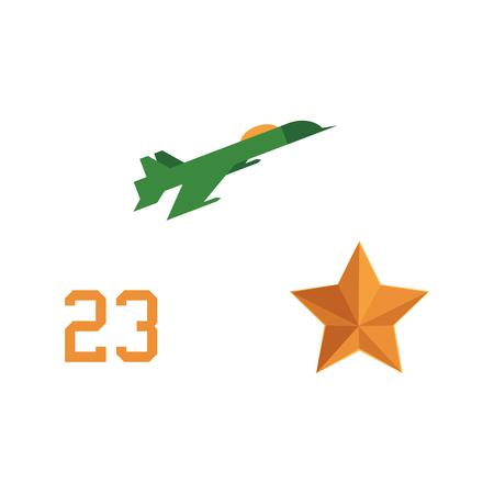 Flat vector army, military, 23rd of February. Russian Defender of the Fatherland Day symbol icons - military aircraft, jet, plane, number 23, orange star isolated illustration.のイラスト素材