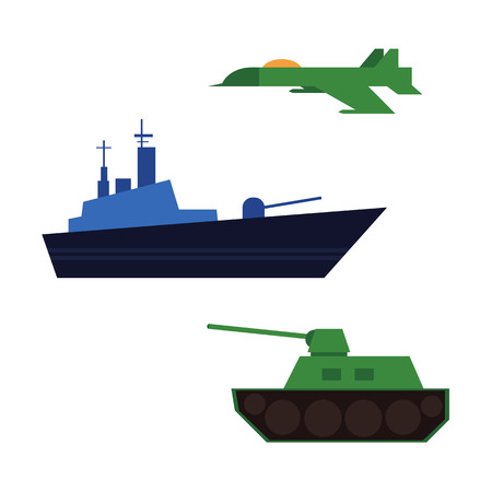 Flat vector army, military, 23rd of February. Russian Defender of the Fatherland Day symbol icon warship boat, armored tank, military aircraft jet, plane isolated illustration.のイラスト素材