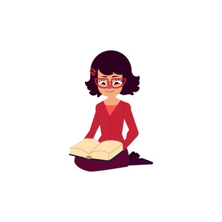 Vector flat adult beautiful middle-aged woman in red jacket, glasses sitting on knees while  reading book.のイラスト素材