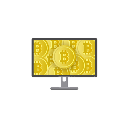 Vector flat personal computer desktop monitor with bitcoins poster. Mining crypto virtual money advertising poster design element. Isolated illustration, white backgroundのイラスト素材