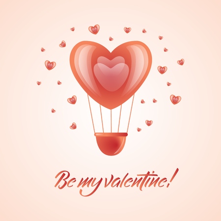 Vector happy valentines day, be my valentine romantic invitation card template with hot air balloon in heart shape, near small hearts love symbols. Isolated holiday illustration on pink background.のイラスト素材