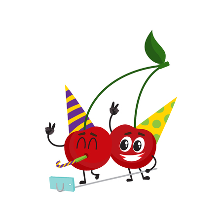 Two funny red cherry characters wearing birthday hats, making selfie at party, cartoon vector illustration isolated on white background. Cartoon cherry characters making selfie at birthday partyのイラスト素材