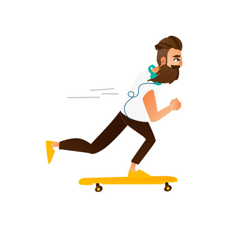 Vector cartoon hipster man with beard, headphones skateboarding. Male handsome character portrait fashion style haircut mustache. Isolated background illustrationのイラスト素材