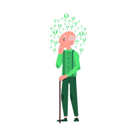 Vector flat old bald head man in casual clothing grey-haired standing in thoughtful pose with cane holding his chin thinking with questions above head. Isolated illustration, white backgroundのイラスト素材