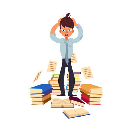 Vector flat exhausted tired shocked man student or worker standing holding hair with books pile at floor.のイラスト素材