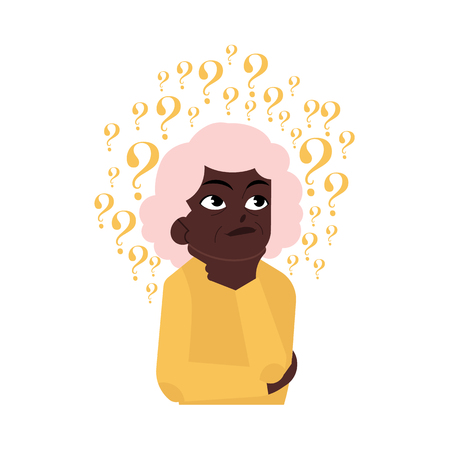 Old woman portrait in casual clothing standing in thoughtful pose holding chin thinking with questions above head isolated illustration, white background.のイラスト素材