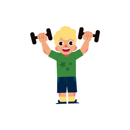 Vector flat young blonde kid boy, man in casual clothing doing dumbbells workout exercises. Active lifestyle male character doing sport. Isolated background illustrationのイラスト素材