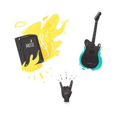 Vector flat music symbols set. Guitar amplifier, loudspeaker burning with yellow fire, electric guitar, hand rock gesture.のイラスト素材