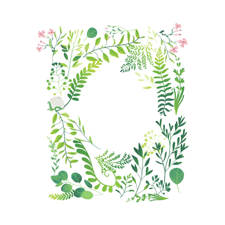 Vector cartoon abstract green plants flower herbs frame template.のイラスト素材
