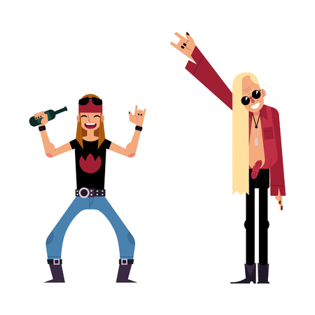 Vector flat rock music, culture people, alternative punk heavy metal style clothing, haircut young man drinking beer, old man with long hair showing rock sign. Isolated illustration, white backgroundのイラスト素材