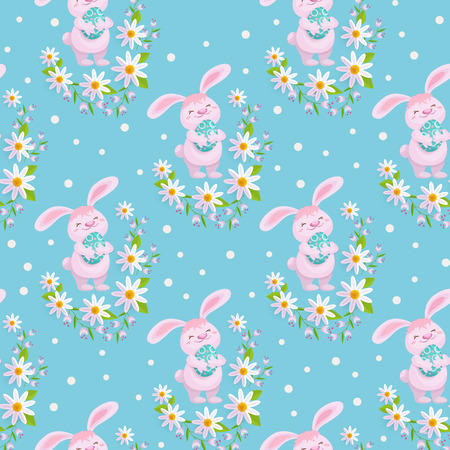 Vector easter holiday seamless pattern with spring festive elements - Easter bunny, decorated eggs and daisy flowers with leaves. Flat style illustration on green backgroundのイラスト素材
