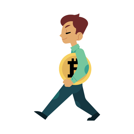 Vector flat bitcoin, mining concept. Male young character, happy businessman in suit, miner walking holding big golden coin. Isolated illustration on a white backgroundのイラスト素材