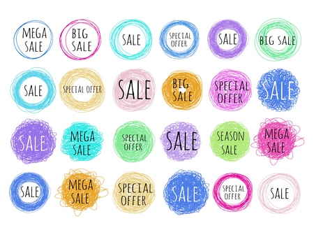 Vector grunge doodle style sketch circle colored frames set dirty dry brush, pencil strokes, rough border abstract shape background sale advertising promotion design template. Isolated illustrationのイラスト素材
