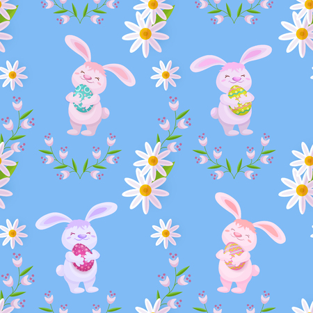 Vector easter holiday seamless pattern with spring festive elements - Easter bunny, decorated eggs and daisy flowers with leaves. Flat style illustration on green backgroundのイラスト素材