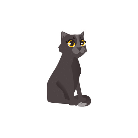 Sitting cute fluffy black cat, flat cartoon vector illustration isolated on white background. Black cat character, mascot, pet sitting with tail around its pawsのイラスト素材