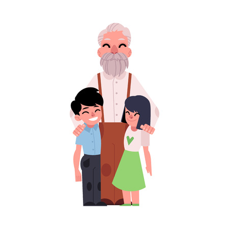 Family portrait, grandfather, grandpa hugging grandchildren, happy and smiling, flat cartoon vector illustration on white background. Grandfather, grandpa with grandchildren, happy family hug conceptのイラスト素材