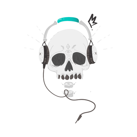 Human skull with tattoos wearing headphone, earphones, rock music, heavy metal icon, sign, symbol, vector illustration isolated on white background. Rock music icon with skull in headphones, earphonesのイラスト素材