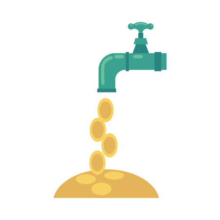 Vector flat water tap with golden coins falling from it icon. Business success, achievement, financial banking, money profit flow symbol. Isolated conceptual illustration on a white backgroundのイラスト素材
