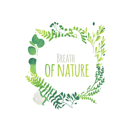 Round frame, decorations element made of green leaves, twigs, herbs, meadow flowers and branches with place for text, flat doodle vector illustration isolated on white backgroundのイラスト素材