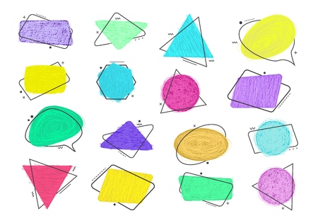 Vector grunge doodle sketch circle, triangular, rectangle shape colored frames set dirty dry brush, pencil strokes, rough border abstract background advertising design template. Isolated illustrationのイラスト素材