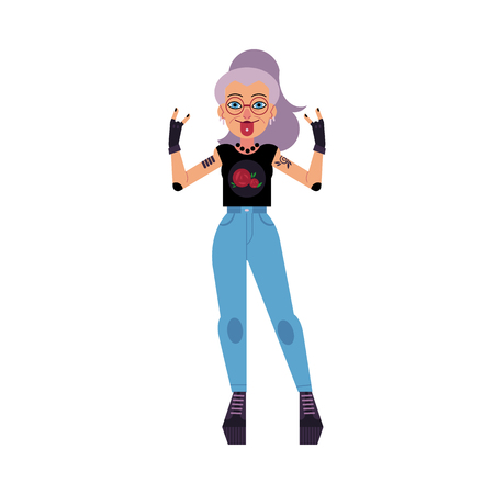 Old, grey haired female rock musician vector illustrationのイラスト素材