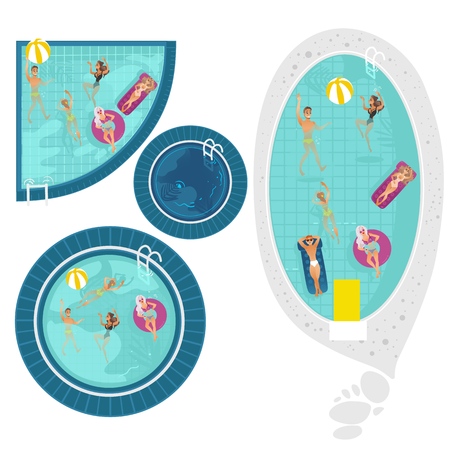 Vector cartoon people swimming in circle pool with blue tile walls water set Vacation summer travelling and holiday concept. Male female character having fun. Isolated illustration white backgroundのイラスト素材