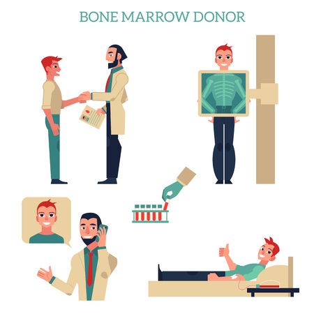 Flat marrow bone donation concept set. Male patients and doctors shaking hands, donating blood, calling phone, making x-ray scanning. Vector isolated background illustrationのイラスト素材