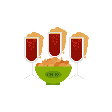 Flat vector glass of sparkling alcohol drink and water drops and potato chips snack ceramic pot. Ready for your design isolated illustration on a white background.のイラスト素材