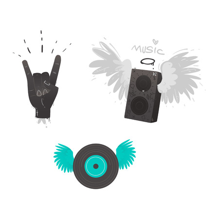Flat vector music symbols set hand rock gesture, loudspeaker with angel wings, nimbus, vinyl record with wings. Heavy metal, hard classic punk rock culture isolated background illustration.のイラスト素材