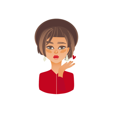 Cartoon young girl in hat sends air kiss. Beautiful adult woman in red blouse, red lipstick shows sign of love. Cute female character valentive holiday card design element vector isolated illustrationのイラスト素材