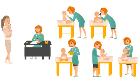 Pediatrician doctors and baby set. Cartoon Female medical workers exam heart, lungs, ears, eyes and weight of newborn infant kids, providing consultation for mothers. Vector illustrationの写真素材