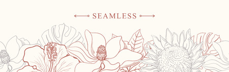 Tropical flowers border seamless pattern in sketch style on white background - hand drawn exotic blooms of hibiscus, protea, magnolia and plumeria with colorful line contour. Vector illustration.のイラスト素材