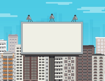 Cityscape with big white billboard - copy space on blue sky background with clouds. Flat colorful city landscape with multistory apartment and office buildings. Vector illustration.のイラスト素材