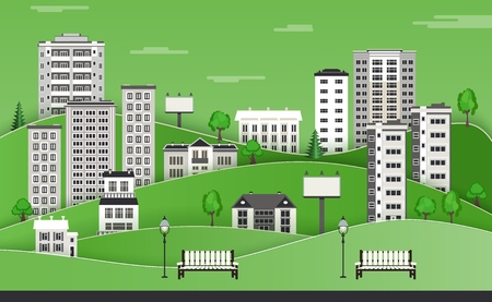 Green paper city skyline background with multistory apartment houses and office buildings, benches and lampposts in public park - flat colorful city landscape . Vector illustration.のイラスト素材