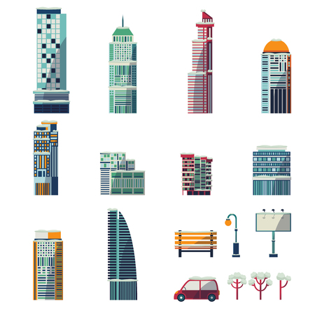 Flat vector urban landscape background design element set. Streetlight, lamppost or lantern, street bench tree car vehicle, office business scyscraper, residential building isolated illustration.のイラスト素材