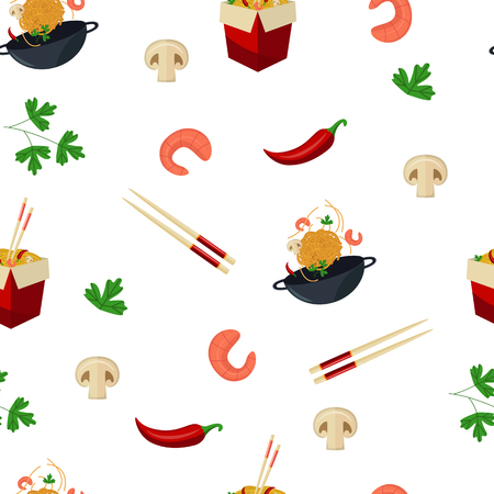 Seamless pattern with wok, noodle, chopsticks, shrimps, mushrooms, chili and parsley, cartoon vector illustration on white background. Noodle, wok and Thai, Asian cuisine ingredients on seamless patternのイラスト素材