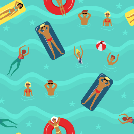 Seamless pattern with people swimming, in flat style vector illustration.のイラスト素材