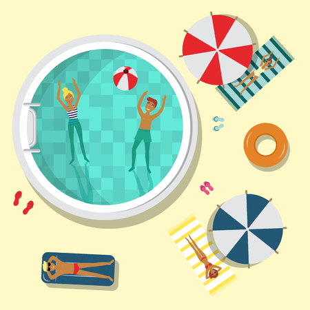 Vector flat pool party poster, banner with swimming man, woman, people lying on a lounger near sunshade, inflatable ring and ball. Summer vacation invitation card template, illustration backgroundのイラスト素材
