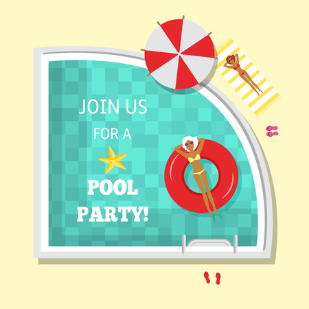 Vector flat pool party poster, banner with swimming at inflatable ring woman, girl lying on a lounger near sunshade, and ball. Summer vacation invitation card template, illustration backgroundのイラスト素材