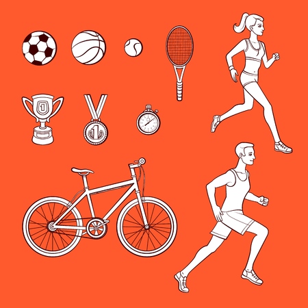 Running of male and female illustration with sports elements concept.のイラスト素材