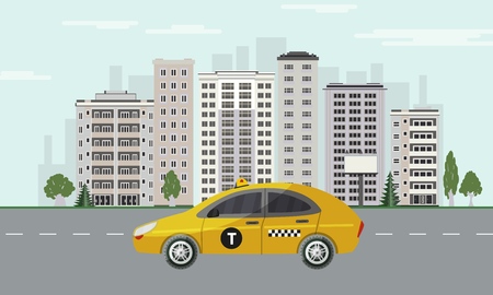 City skyline with yellow taxi car riding on road on cityscape background with skyscrapers, green trees and blue sky with clouds in flat style. Colorful town landscape. Vector illustration.のイラスト素材