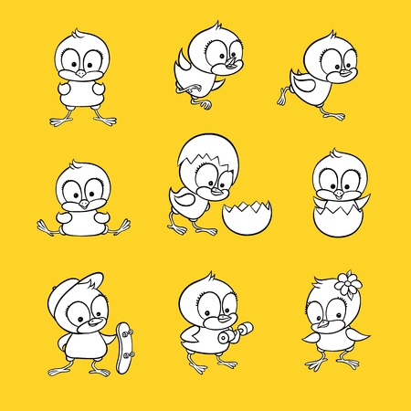 vector flat cute baby chicken small chick monochrome set. Birds hatching from egg animal male, female characters having fun skateboarding running standing flower in hair illustration yellow backgroundのイラスト素材