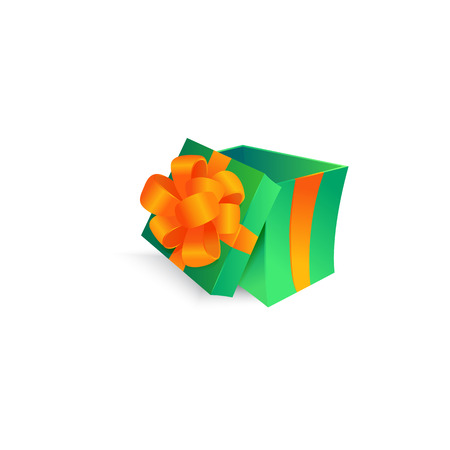 Vector cartoon open present gift box green bright wrapping elegant bow ribbon. Birthday anniversary party new year christmas valentine xmas holiday decoration invatation greeting card illustrationのイラスト素材