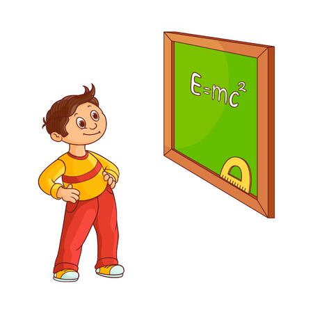 School boy near blackboard isolated on white background. Cute hand drawn cartoon little child with brown hair stands and looks with curiosity at green board with chalk sign. Vector illustration.のイラスト素材