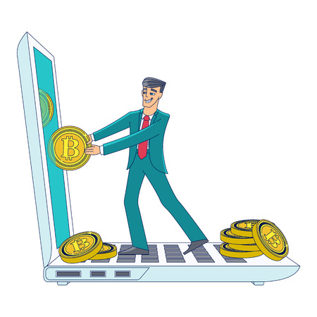 Businessman, man in business suit taking bitcoin coins out of laptop screen, cryptocurrency concept, flat cartoon vector illustration isolated on white background. Businessman, bitcoins and laptopのイラスト素材