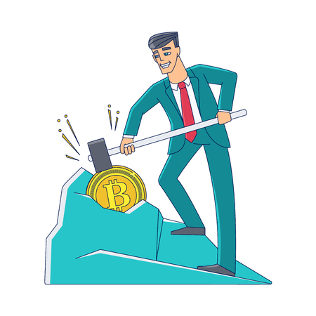 Vector flat bitcoin, mining concept. Male character, happy businessman in suit, smashing ground with hummer mining golden coin. Isolated illustration on a white backgroundのイラスト素材