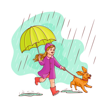 Vector sketch cartoon young girl kid cute child purple coat walking with dog puppy pet holding umbrella under rain smiling. Female character rainy autumn weather Isolated illustration white backgroundのイラスト素材