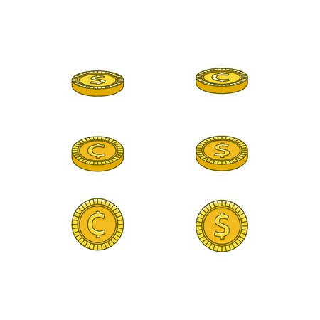 Vector flat golden dollar, cent flipping coins set, different veiw point. money pile. Bank, business finance profit success, casino jackpot, banking loan credit symbol. Isolated illustrationのイラスト素材