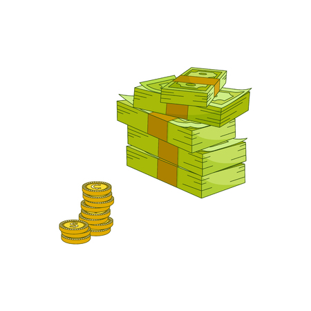 Vector flat cash money piles, stack heap bundle, golden coins set. Bank hundred dollar banknotes. Business finance success, jackpot banking loan credit symbol. Isolated illustration, white backgroundのイラスト素材